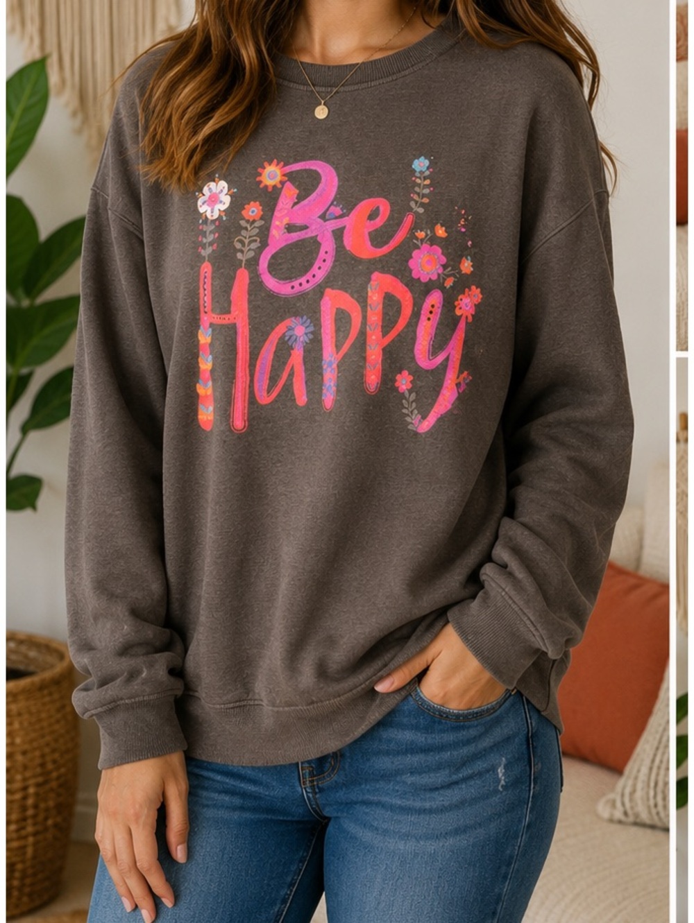 Natural Life Be Happy Graphic Sweatshirt XS Brown Pink Floral Boho Pullover